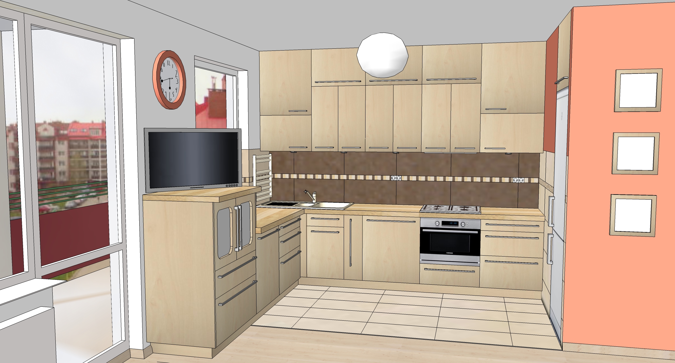 Wizualizacja projektu kuchni w odcieniach beżu z brązowymi płytkami, widok na zabudowę kuchenną z oknem i telewizorem w tle.